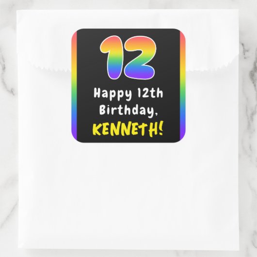 12th Birthday: Rainbow Spectrum # 12, Custom Name Quadratischer Aufkleber (Tasche)