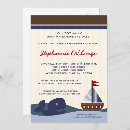 12x18 Ahoy Mate Sailboat Whal Baby Dusche Einladun Einladung (Vorne/Hinten)