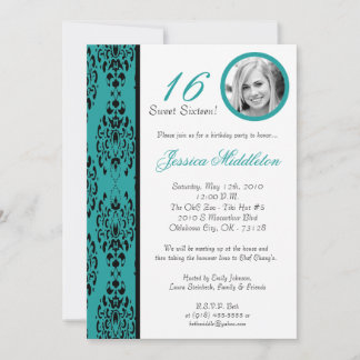 12x18 Aquamarin Damask 16 Geburtstagsparty Einladu Einladung