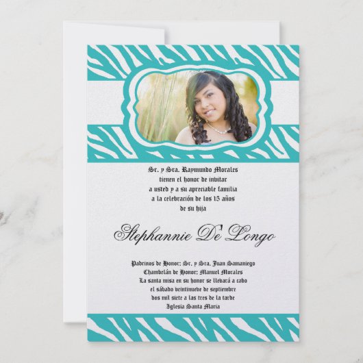 12x18 Aquamarin Zebra Print Patter Quinceanera Ein Einladung (Vorderseite)