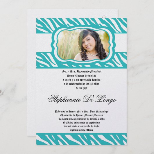 12x18 Aquamarin Zebra Print Patter Quinceanera Ein Einladung (Vorne/Hinten)