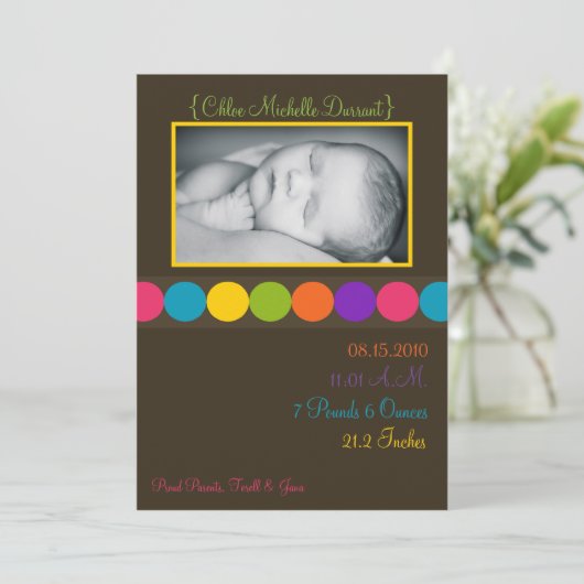12x18 Baby Girl Brown Polka Foto Geburtserklärung Ankündigung (Stehend Vorderseite)