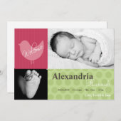 12x18 Baby Girl Pink Bird Foto Geburtsankündigung Ankündigung (Vorne/Hinten)
