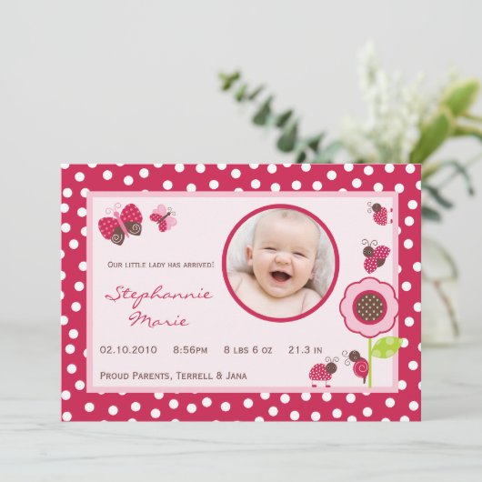12x18 Berry Garden Lady Bug Foto Geburtsankündigun Ankündigung (Stehend Vorderseite)
