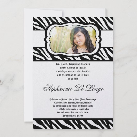 12x18 Blac Zebra Print Patter Quinceanera Einladun Einladung (Vorderseite)