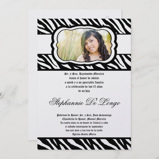12x18 Blac Zebra Print Patter Quinceanera Einladun Einladung (Vorne/Hinten)