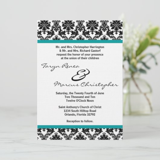 12x18 Black Damask & Aquamarine Leinenhochzeit Ein Einladung (Stehend Vorderseite)