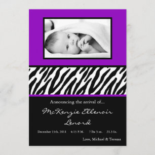 12x18 Black Lila Zebra FOTO Geburtsankündigung Ankündigung