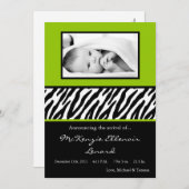 12x18 Black LimeGreen Zebra FOTO Geburtsankündigun Ankündigung (Vorne/Hinten)