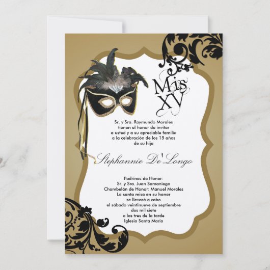 12x18 Black Masquerade Maske Quinceanera Einladung (Vorderseite)