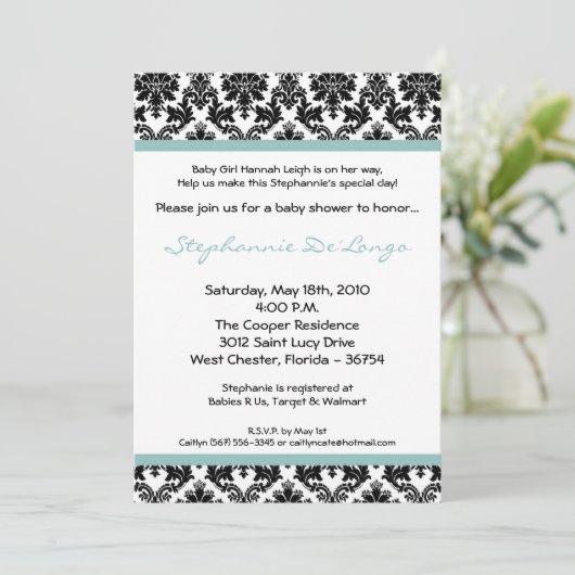 12x18 blaue Damast-Baby-Duschen-Einladung Einladung (Stehend Vorderseite)