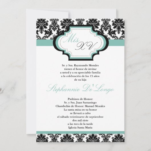 12x18 Blue Damask Quinceanera Einladung (Vorderseite)