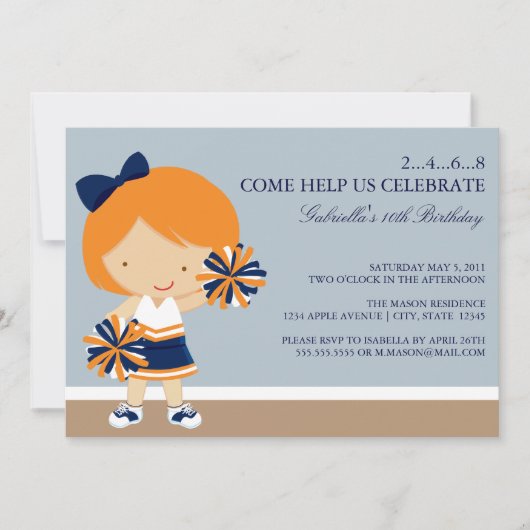 12x18 Blue/Orange Cheerleader Birthday Party Einla Einladung (Vorderseite)