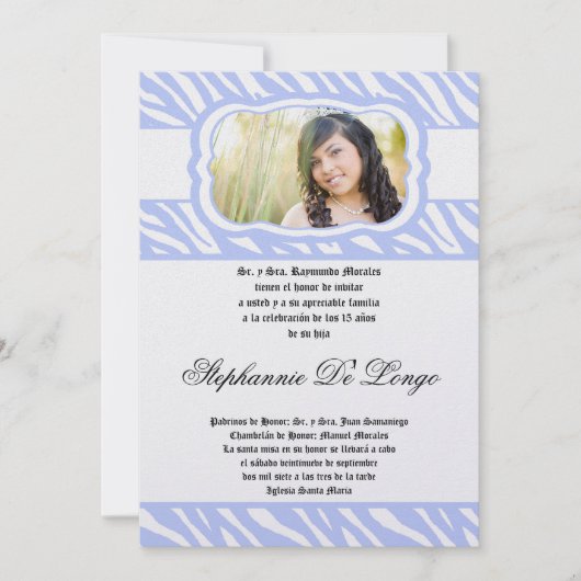 12x18 Blue Zebra Print Patter Quinceanera Einladun Einladung (Vorderseite)