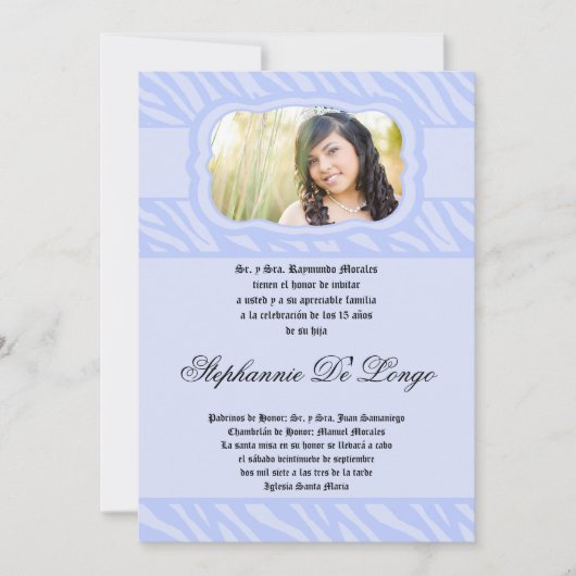12x18 Blue Zebra Print Patter Quinceanera Einladun Einladung (Vorderseite)