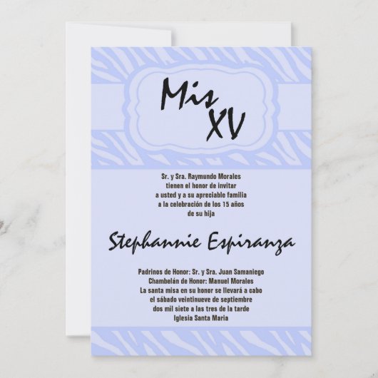 12x18 Blue Zebra Print Quinceanera 15 Einladung (Vorderseite)