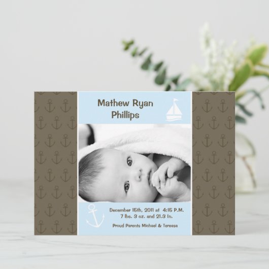 12x18 Boy Nautical Sailing FOTO Geburtsankündigung Ankündigung (Stehend Vorderseite)