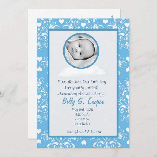 12x18 Boys Circle FOTO zur Cloud Birth Ankündigung (Vorne/Hinten)