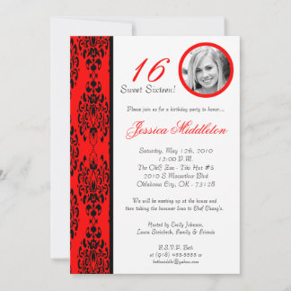12x18 Bright Red Damask 16 Geburtstagsparty Einlad Einladung