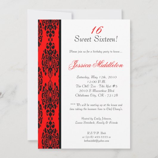 12x18 Brite Red Damask Geburtstagsparty Einladung (Vorderseite)