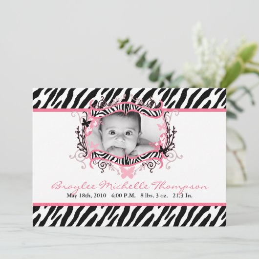 12x18 Butterfly Zebra Print Foto Geburtsankündigun Ankündigung (Stehend Vorderseite)