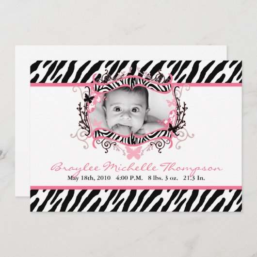 12x18 Butterfly Zebra Print Foto Geburtsankündigun Ankündigung (Vorne/Hinten)