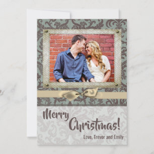 12x18 Christmas XMAS Blue Damask Fabric FOTO-Karte Feiertagskarte