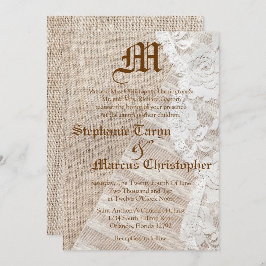 12x18 Country Lace Taschentuch Hochzeit Einladung (Vorne/Hinten)