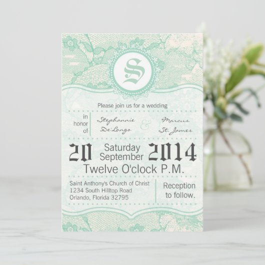 12x18 Country Mint Lace Print Wedding Einladung (Stehend Vorderseite)
