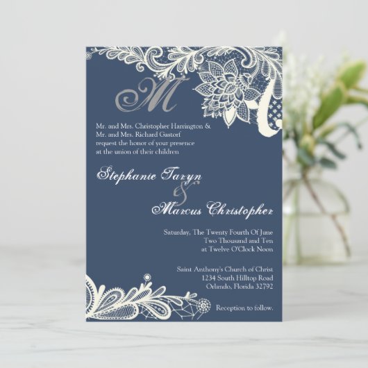 12x18 Country Vintag Lace Navy Einladung (Stehend Vorderseite)