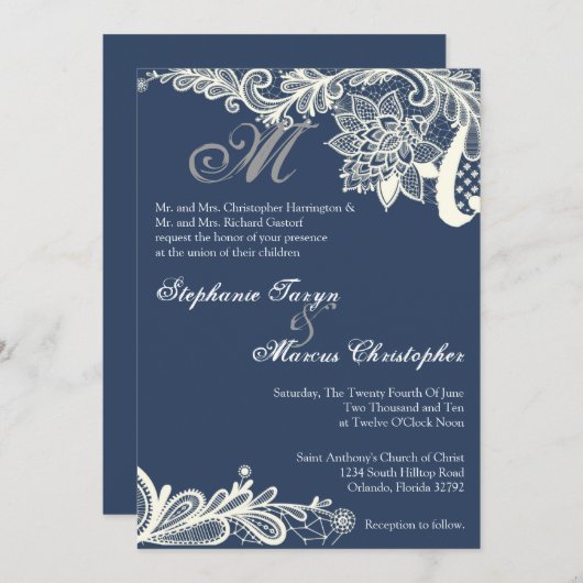 12x18 Country Vintag Lace Navy Einladung (Vorne/Hinten)
