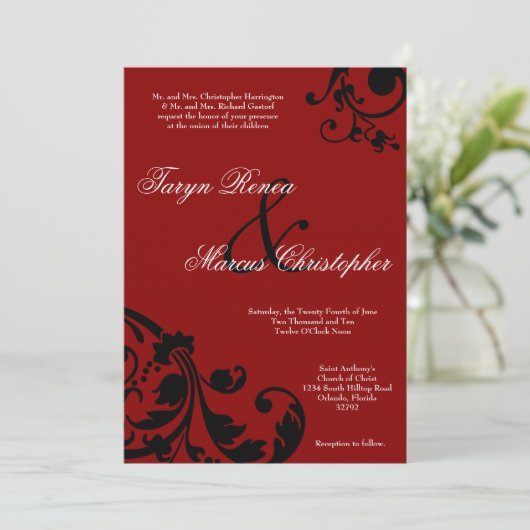 12x18 Crimson Red Floral Linen Einladung zur Hochz (Stehend Vorderseite)