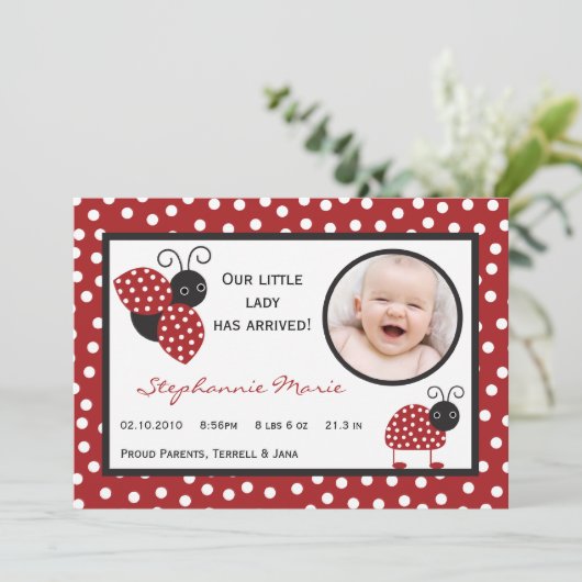 12x18 Crimson Red Lady Bug Foto Geburtsankündigung Ankündigung (Stehend Vorderseite)
