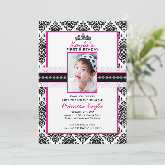 12x18 Damast-Prinzessin Foto Birthday Invitations Einladung (Stehend Vorderseite)