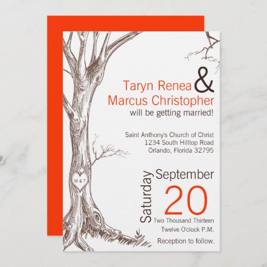 12x18 Fall Tree Initial Carved Wedding Einladung (Vorne/Hinten)