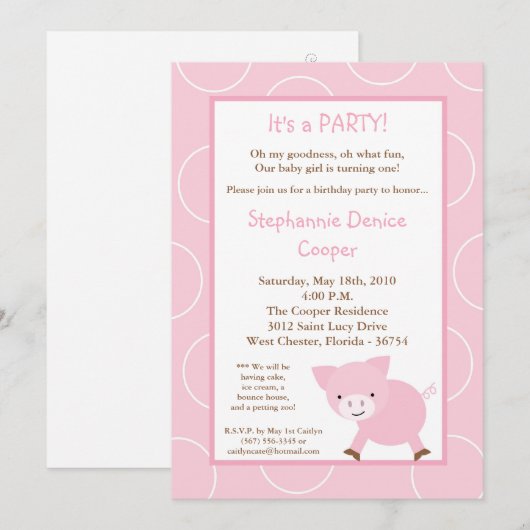 12x18 Farm Animal Pink Pig Geburtstagspartei Einla Einladung (Vorne/Hinten)
