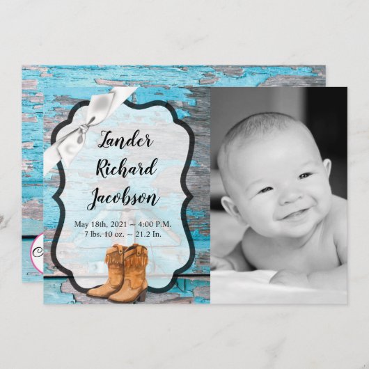 12x18 Foto Birth Announcement Army Blue Wood Barn  Ankündigung (Vorne/Hinten)