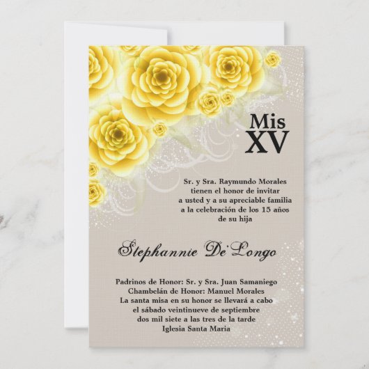 12x18 gelbe Rosen Quinceanera Einladung (Vorderseite)