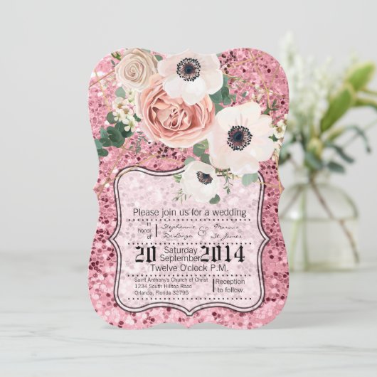 12x18 Geometric Garden Rose Glitt Hochzeit Einladu Einladung (Stehend Vorderseite)