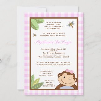 12x18 Girl Button Papgayo Monkey Einladung