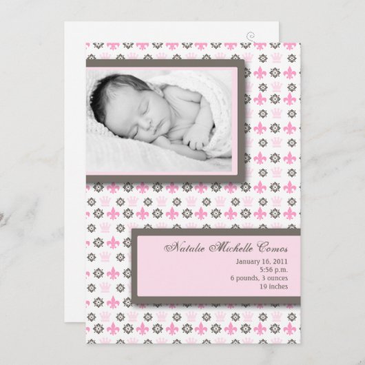 12x18 Girl Pink Fleur De Li Foto Geburtsankündigun Ankündigung (Vorne/Hinten)