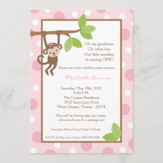 12x18 Girl Pink Monkey Jungle Einladung