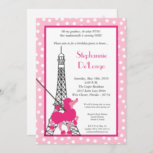 12x18 Girl Pink Poodle Paris Birthday Par Einladun Einladung (Vorne/Hinten)