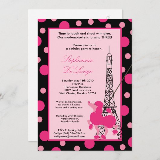 12x18 Girl Pink Poodle Paris Birthday Par Einladun Einladung (Vorne/Hinten)
