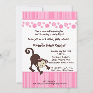 12x18 Girly Pink Pop Monkey zum Geburtstag Einladu Einladung