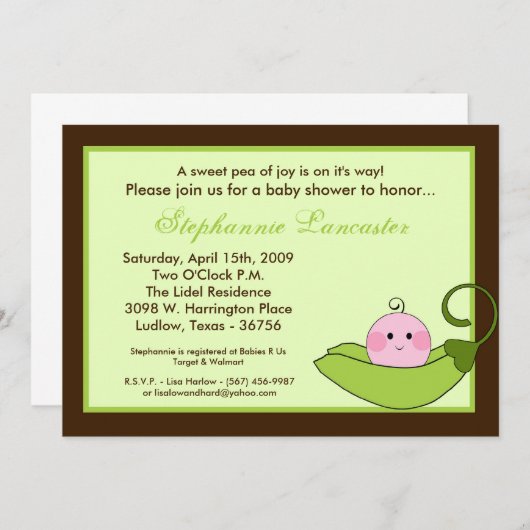 12x18 Green Sweet Pea in Pod Baby Dusche Einladung (Vorne/Hinten)