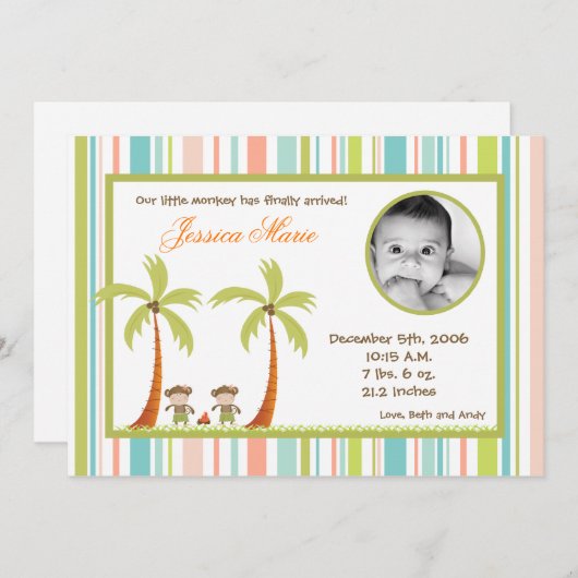 12x18 Hawaiian Luau Monkeys FOTO Geburtserklärung Ankündigung (Vorne/Hinten)