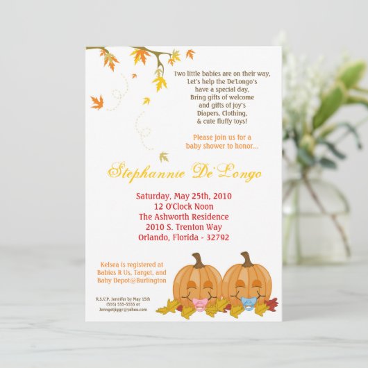 12x18 Herbstlaube TWIN TWINS Kinderdusche Einladun Einladung (Stehend Vorderseite)