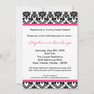 12x18 Hot Pink Blac Damask Geburtstagsparty Einlad Einladung