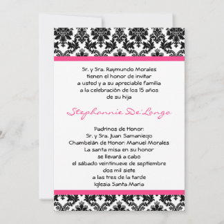 12x18 Hot Pink Blac Damask Quinceanera Einladung